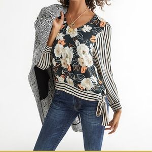 Cabi Enchant Blouse Black Floral Striped Sleeves L
